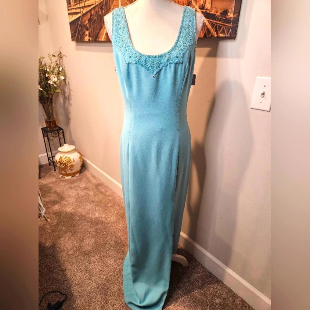 Nwt Precious Formals Elegant Aqua Beaded Dress